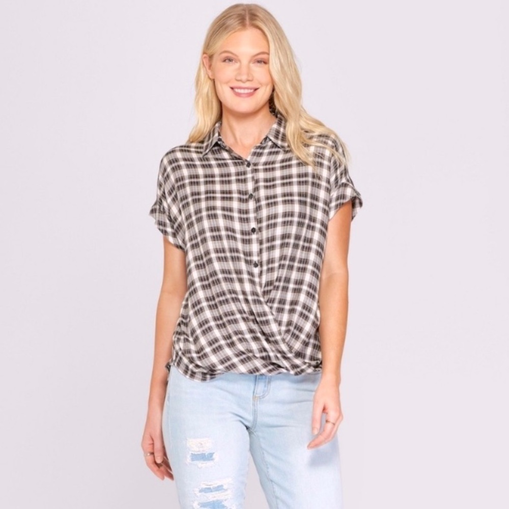 Target Knox Rose XS Women’s Plaid Button-up Blouse w Draped Front NWOT